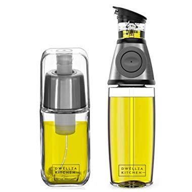 DWËLLZA KITCHEN Olive Oil Dispenser and Oil Sprayer for Cooking Set – Premium Oil Mister Sprayer 6 OZ and Glass Oil Bottle 17 OZ with Measurements and Drip-Free Spout Stainless Steel
