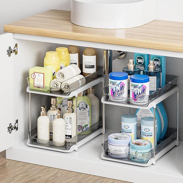 Delamu 2 Sets of 2-Tier Multi-Purpose Bathroom Cabinet Under Sink Organizers and Storage, Stackable Kitchen Pantry Organization and Storage, Grey