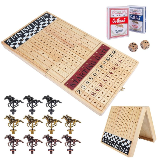 Offelec Large 23 inches Horse Race Board Game, Premium Durable Foldable Wooden Box, Horse Racing Game with 11 Retro Metal Horses, 2 Dices and 2 Playing Cards Fun Family Night Games for Adults Kids