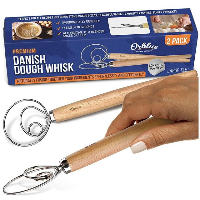 ORBLUE 13.5" Danish Dough Whisk - LARGE - Dutch Dough Whisk Hand Mixer for Bread, Cookie, Dumpling or Pizza Dough - Best Substitute to a Mixer and Blender - Baking Tool Artisian Blender 2-PACK