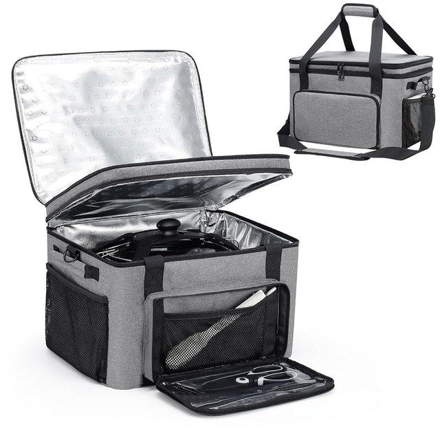 Wigojoy Slow Cooker Carrying Bag, Double Layer Insulated Design Slow Cooker Carrier with Removable Hard Liner and Pot Lid Fastener Fit for 6-8 Quart Crock Pot, Gray