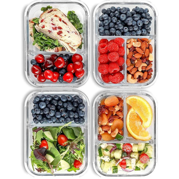 FIT Strong & Healthy Glass Meal Prep Containers, 2 & 3 Compartments - Portion Control, Lunch Container Set, Food Storage, Airtight Lids, Oven & Freezer Safe, Leak-Proof Bento Box, 32 oz, Gray, 4 Pack