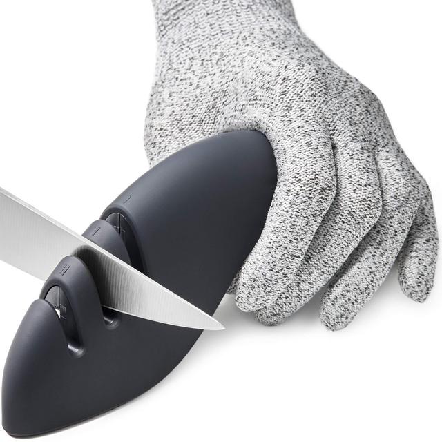 3-in-1 Kitchen Knife Sharpener - 4-Slot Sharpening Tool for Straight Blades, Serrated Blades and Scissors - Cut-Resistant Glove Included
