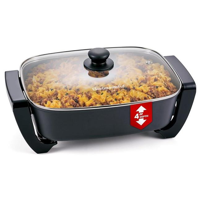 Elite Gourmet EG2615 15" x 12" x 4” Electric Skillet, Durable Xtra Deep Dish, PFAS Free Ceralast™ Ceramic Non-stick, 1500W Rapid Heat, Tempered Glass Vented Lid, Dishwasher Safe, 12.5 Qt., Black/Gray