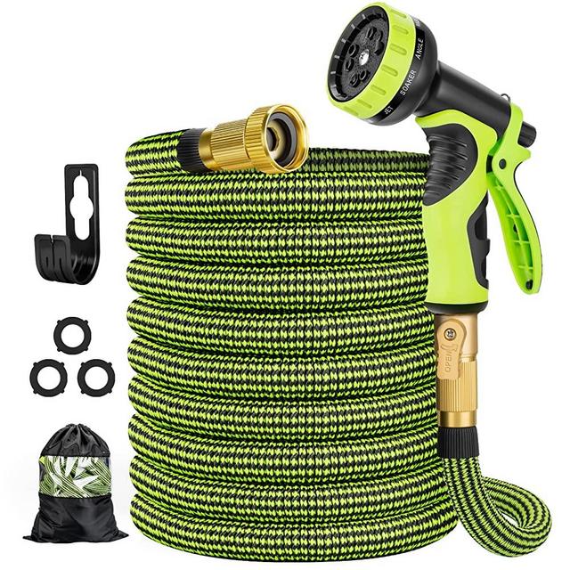 HOSPAIP Garden Hose 25 ft Water Hose with 10 Function Hose Nozzle, Expandable Garden Hose with Hose Holder, Flexible Lightweight Water Pipe with Brass Fittings, Expanding Car Wash Hose (Green)