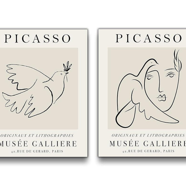 Picasso Inspired Woman Dove Drawing Exhibition Poster Print Set | Set of Two 11x14 UNFRAMED | Beige, Tan, Black Neutral Abstract, Minimalist Modern Wall Decor