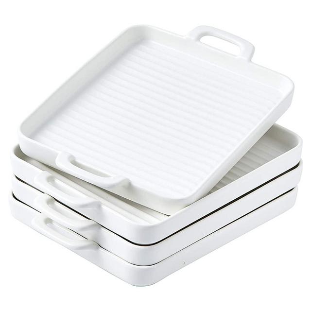 Bruntmor 8.5" x 7 Set Of 4 Ceramic Matte Oven to Table Bakeware Dinner Plates, for Oven Roasting Lasagna Pan with Handle Square Dish, White