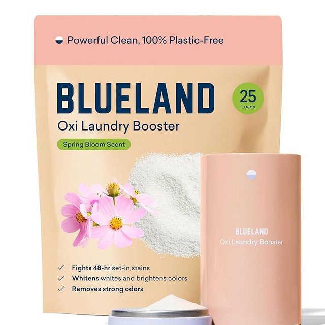 BLUELAND Oxi Laundry Booster Powder with Tin, Starter Set, Spring Bloom Scent, 25 Loads, 17.6 oz, Plastic-Free, Eco Friendly, Oxy Cleaner, Stain Remover