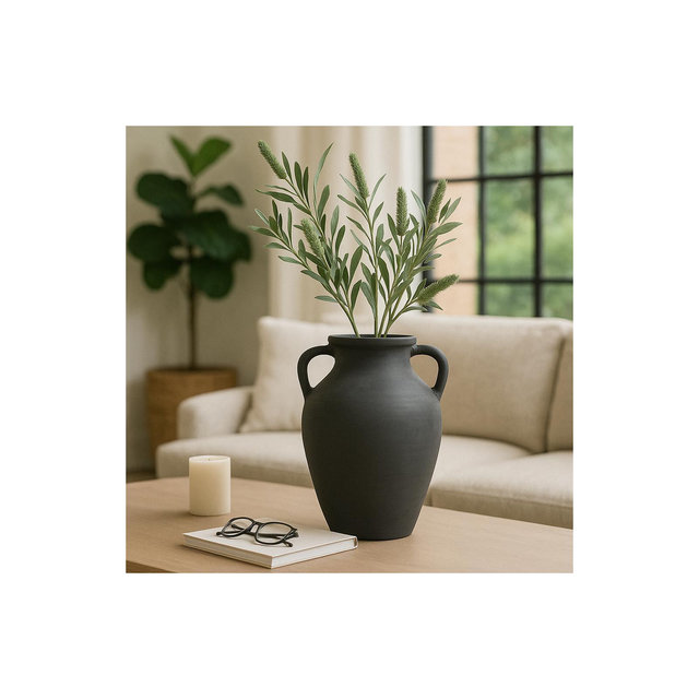 Elegant Pottery Vase with Handles for Living Room Decor and Home Accent - Decorative Flower Vase for Shelf, Bedroom, or Office Desk - 13", Black
