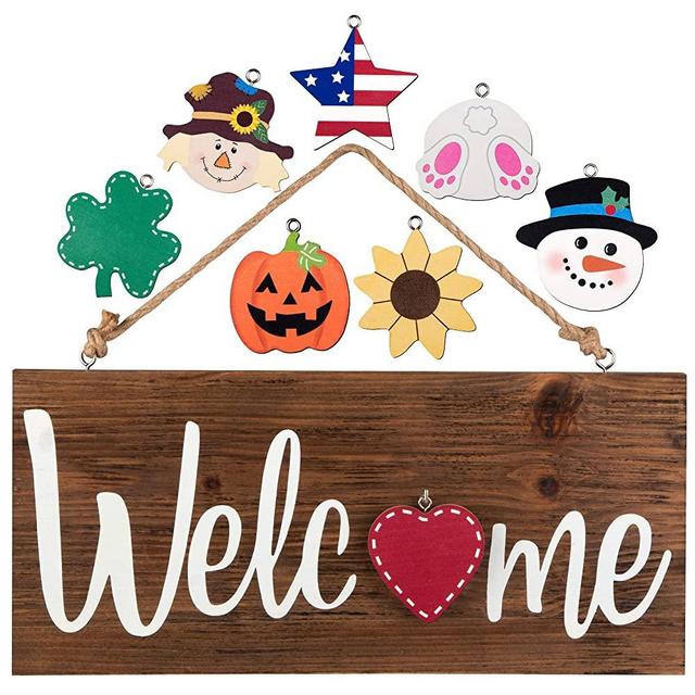 North Bird Interchangeable Welcome Sign for Front Door - Holiday Home Decor Sign With 8 Changeable Icons - Rustic Wooden Door Hangers for Every Season - Farmhouse Front Porch Decor