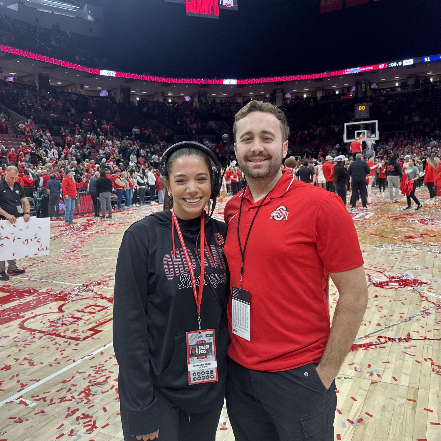 Kobe (volunteer) working with Makenzie again for the Women's Basketball Big 10 championship, 2024.