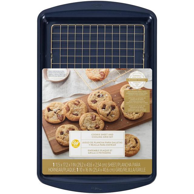 Wilton 2pc Diamond-Infused Non-Stick Large Cookie Sheet with Cooling Rack Navy Blue/Gold