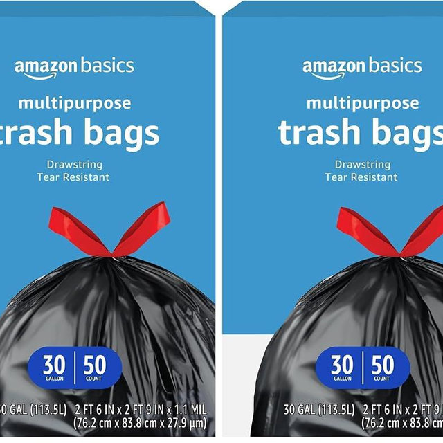 Amazon Basics Trash Bags, 30 Gallon, 50 Count | Drawstring | Multipurpose | Pack of 2
