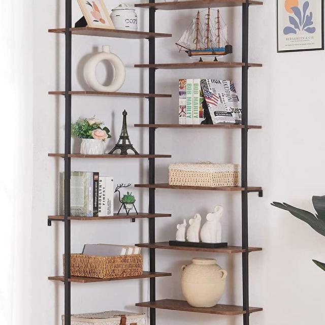 HOMISSUE Corner Bookshelf,12-Tier L Shaped Bookshelf, Double Wide Corner Wall Mount Bookcase with Metal Frame and Wood,Modern Industrial Corner Shelf for Living Room, Kitchen, Home Office Brown