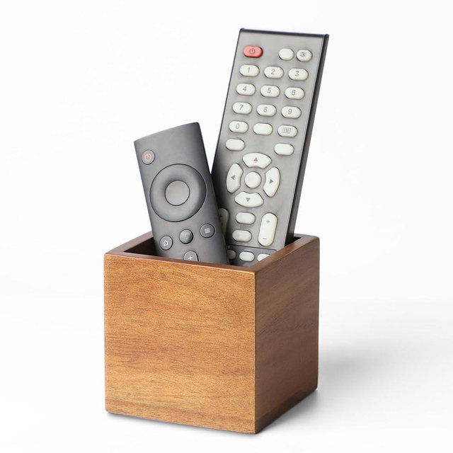 LBEMEY Remote Control Holder Caddy, Farmhouse Acacia Wood TV Remote Holder, Vintage Desk Caddy, Remote Organizer for Table (Brown - for 2 or 3 Remote Controls)