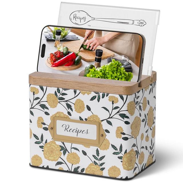 Cabbrix Recipe Box with 50 Cards and 24 Dividers, 4x6 Recipe Card Box Set, Wooden Lid with Phone Holder and Recipe Holder, Beautiful Metal Recipe Organizer, Marigold