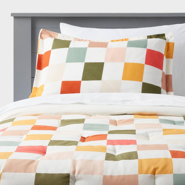 Full/Queen Kids' Comforter Set Checkered - Pillowfort™: Cotton Percale, Multicolored, OEKO-TEX Certified, 3-Piece Set