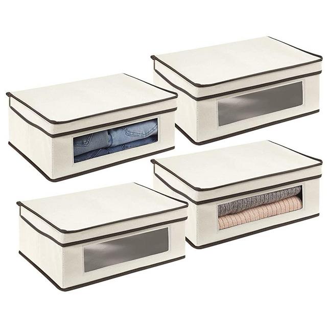 mDesign Soft Fabric Stackable Closet Storage Organizer Box with Clear Window 4 Pack - Cream/Espresso Brown