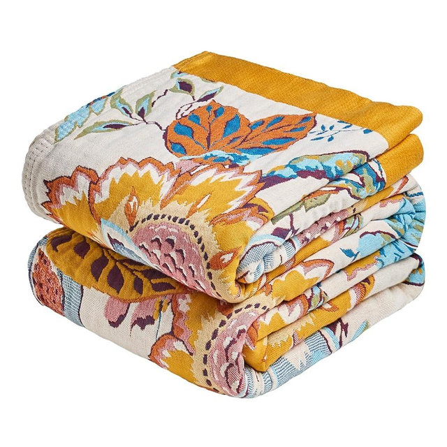 MSGKV Boho Throw Blanket 90"x108" Floral Cotton Blanket for Bed Summer Breathable Lightweight Farmhouse King Blankets Home Decor Muslin All Seasons