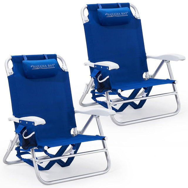 Old Bahama Bay 2 Pack 7-Position Lay-Flat Beach Chair, Lightweight Aluminum Frame Reclining Backpack Chair with Padded Headrest, Cup Holder & Storage Bag, Heavy Duty Support for Tanning & Camping Blue