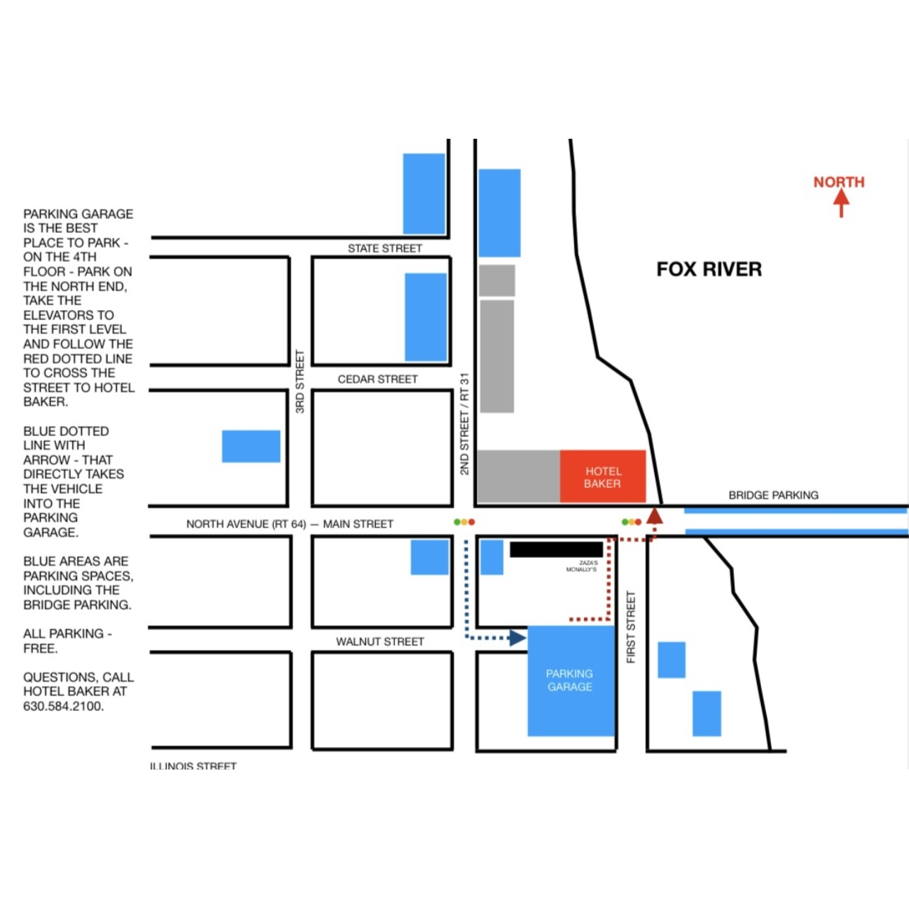 Hotel Baker does not have their own parking open to guests. Here are some nearby options for public parking.