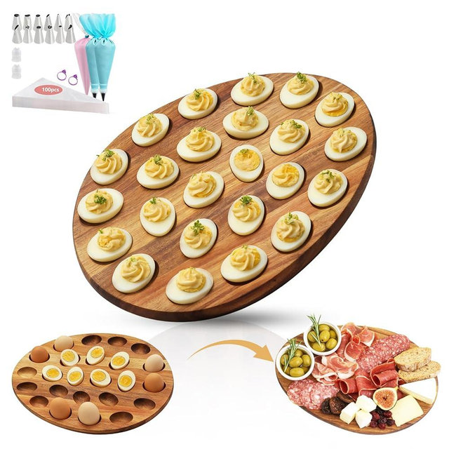 Reversible Acacia Wood Deviled Egg Platter, 24-Hole Round Wooden Deviled Egg Tray & Charcuterie Board, Serving Holder for Kitchen Countertops, Easter, Christmas & Party Entertaining (Acacia)