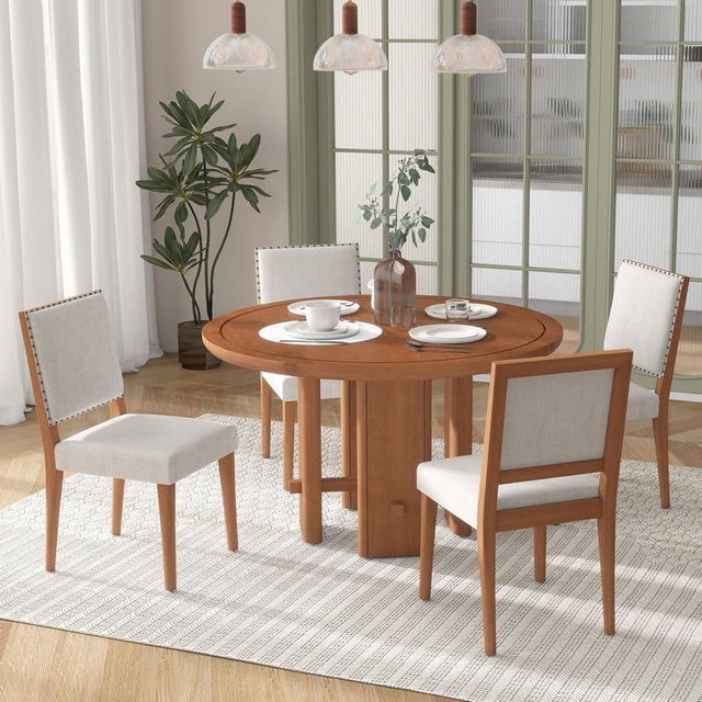Polibi Modern Farmhouse 5-Piece Round Dining Table Set - 4 Upholstered Chairs with 3.9" Thick Cushions, Safe Rounded Edges, Brown