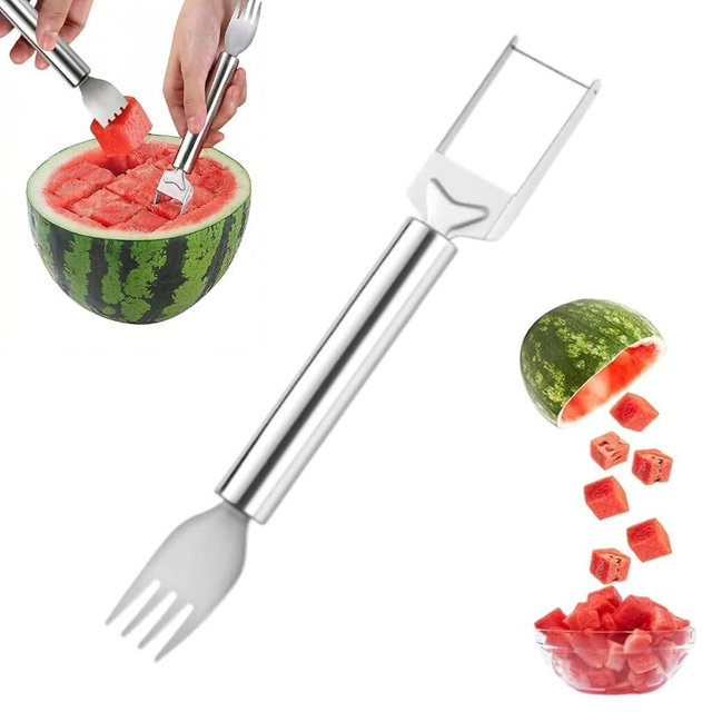 2-in-1 Stainless Steel Fruit Cutter, 2026 Upgraded Watermelon Fork Slicer Tool, Portable Dual Head Fruit Forks for Home for Home, Kitchen, Camping, Party (1pcs, B)