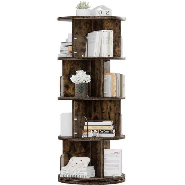 VECELO 4 Tier Revolving Bookshelf Tower, 360° Display Floor Standing Storage Rack with Acrylic Visible Window Partition for Bedroom, Living Room Home and Office, Brown