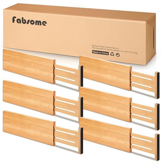 Fabsome Dresser Drawer Organizers 6 Pack, 4.65'' High Adjustable from 17-22‘’ Bamboo Drawer Dividers for Clothing Baby Clothes, Wooden Separators for Dresser Nursery Organization with Soft Foam Ends