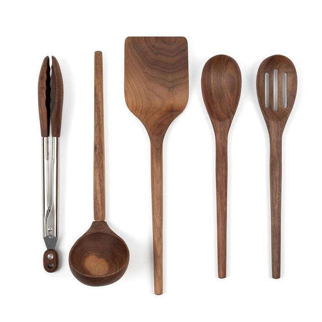 Set of five Walnut wood utensils includes turner, tongs, slotted spoon, ladle, and 12" spoon