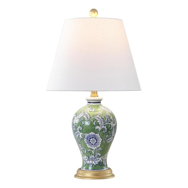 JONATHAN Y JYL3009F Grace 24" French Country Cottage Ceramic/Iron Floral Urn LED Table Lamp, Green/White for Bedroom, Living Room, Office, College