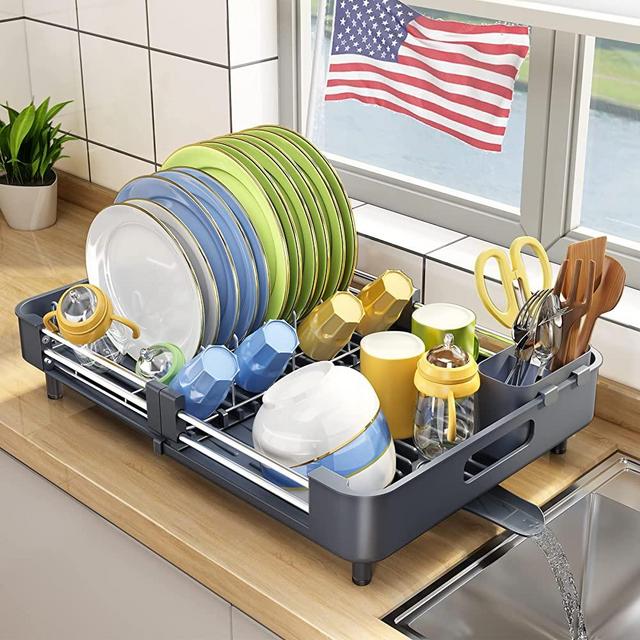Dish Drying Rack, Kitchen Counter Drainers Auto-Drain Expandable(13.2-19.7)  St