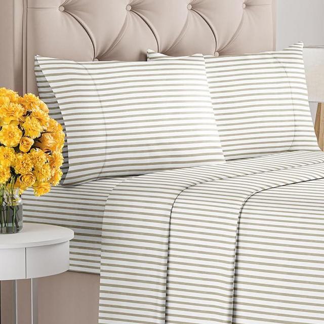 Full Size 4 Piece Sheet Set - Comfy Breathable & Cooling Sheets - Hotel Luxury Bed Sheets for Women & Men - Deep Pockets, Easy-Fit, Soft & Wrinkle Free Sheets - Beige Stripes Oeko-Tex Bed Sheet Set