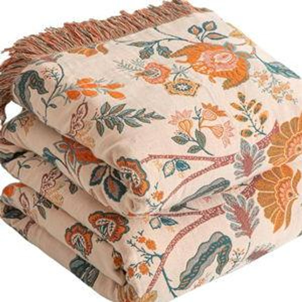 Boho Throw Blanket for Bed 90”x98”, 100% Cotton Woven Blanket for Couch Sofa, Ultra Soft 4-Layer Muslin Quilt with Floral Printed, Farmhouse Bed Blanket/Cover for Living Room Decor