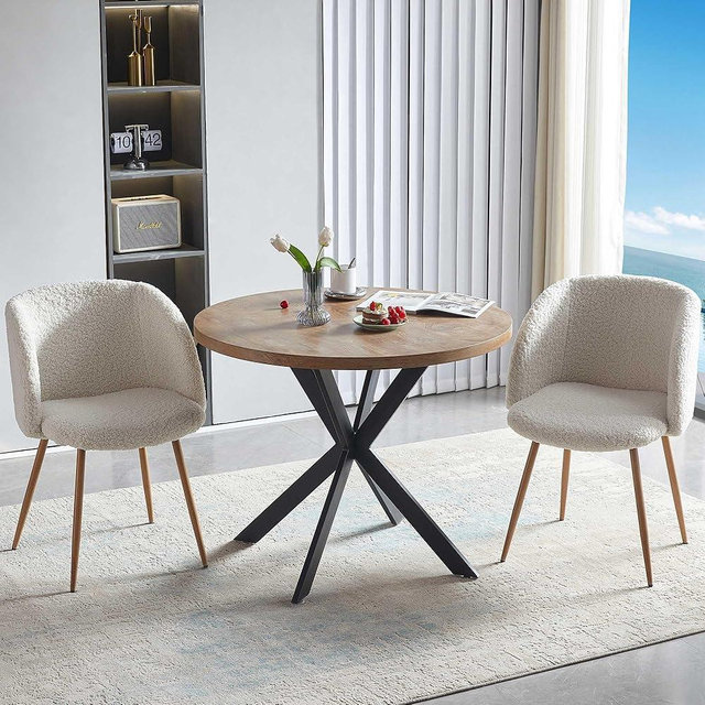 NORDICANA 3 Piece Dining Table and Chair Set, 37-Inch Engineered Wood Round Table Set, Off White Faux Fur Armchairs with Wood Grain Metal Leg for Small Spaces