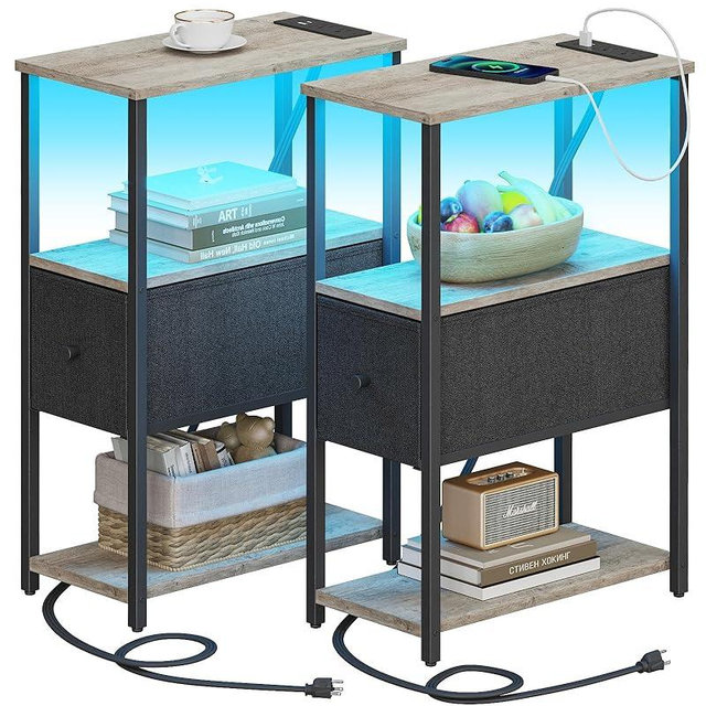 TUTOTAK Small Narrow LED End Table with Charging Station, Side Table Outlets, Nightstand with Cloth Drawer, Set of 2, Couch Table, for Living Room, Bedroom, Bedside, Greige TB01BG059