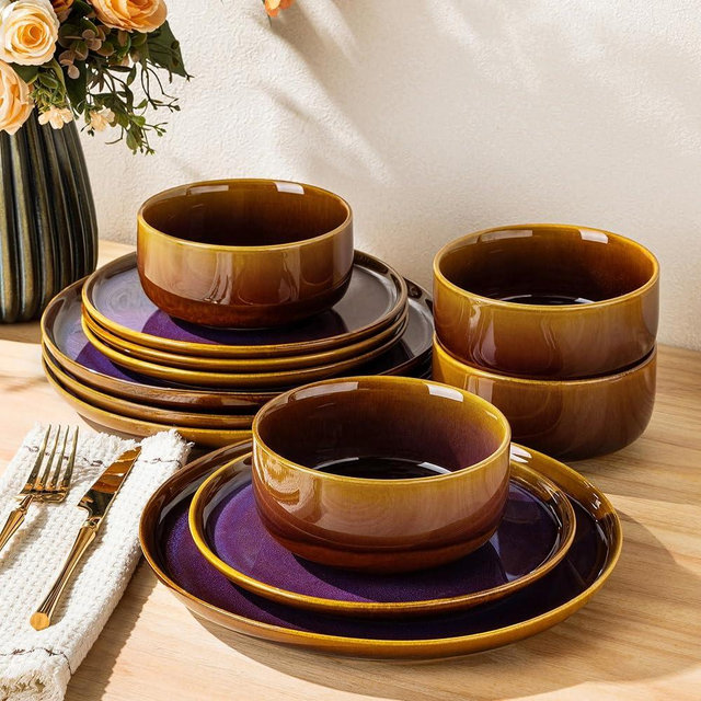 TheTerra Ceramic Dinnerware Sets for 4, 12 Pieces Handmade Reactive Glaze Plates and Bowls Set, Scratch Resistant Dish Set, Oven & Microwave & Dishwasher Safe, Amber Amethyst