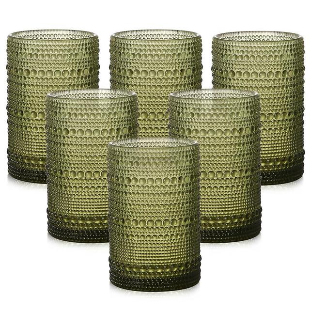 ZMOWIPDL Vintage Glassware Drinking Glasses Set of 6,15 oz Hobnail Glass Cups,Embossed Green Water Tumbler,for Beer,Cocktail,Whiskey,Juice and Various Mixed Drinks- 1 Cleaning Brush