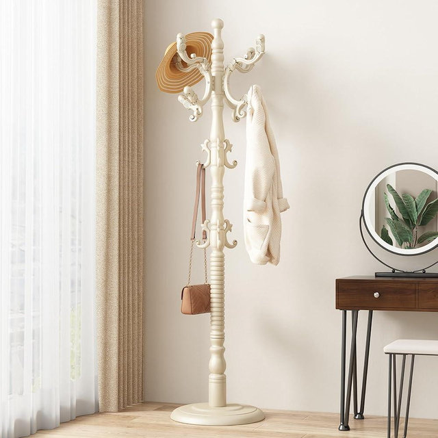 GAMNOF Wood Coat Rack Stand Wooden Coat Rack Freestanding Hall Coat Tree with Sturdy Round Base and 14 Hooks for Hats Bags Purses Vintage Coat Tree Hanger Stand for Entryway Hallway Bedroom, White