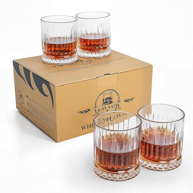 VGWVGW Whiskey Glass Set of 4，12 oz Bourbon Glass, Lead-Free Crystal Old Fashioned Glass Set, Suitable for Scotch Whisky, Cocktails, Home Bar Parties, Unique Gift for Men and Women