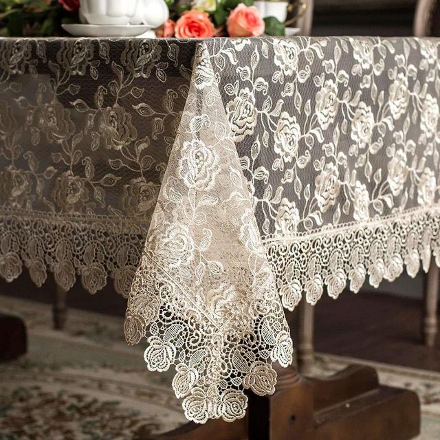 ARTABLE Rectangular Table Cloth Lace Macrame Vintage Tablecloth Shabby Chic Embroidered Oblong Table Cover for Wedding Banquet Holiday Long Dinner Tables (Golden, 59" x 120")