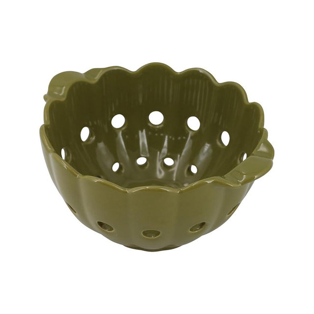 6" Scallop Ceramic Berry Basket with Handles,Round Colorful Stoneware Colander, Small Fruit Container for Strawberry & Kitchen Counter,Moss Green