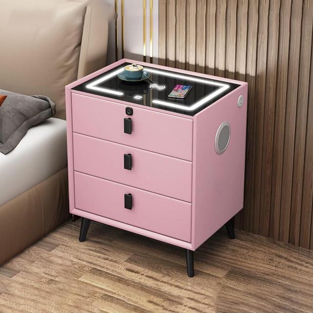 TBQATNTS Nightstand with Charging Station,Bedroom Side Tables with Fingerprint Lock and Speaker,Modern Bedside Table with LED Light,Side Table, smart table,Coffee Table,2/3 Storage Drawer.,Pink,3 draw
