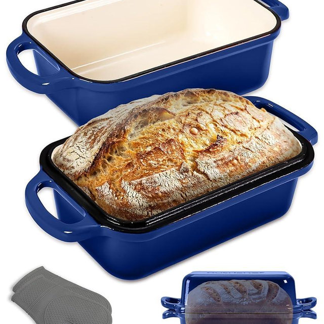 NutriChef 9x5" Enameled Cast Iron Loaf Pan with Lid, Enamel-Coated Baking Loaf Pan for Sourdough, Oven Safe, Nonstick Bread Pan with Silicon Gloves, Dishwasher Safe, Blue