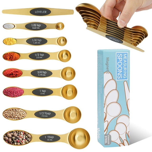 Magnetic Measuring Spoons Set of 8 with Leveler Stainless Steel Dual Sided Teaspoon and Tablespoon Stackable Fits in Most Kitchen Spice Jar