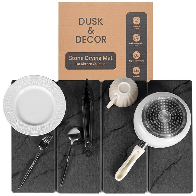 Dusk & Decor Folding Stone Dish Drying Mat – Quick-Drying Diatomaceous Earth Kitchen Mat for Counter – Foldable, Non-Slip Diatomite Sink Tray for Dishes and Utensils - Gray