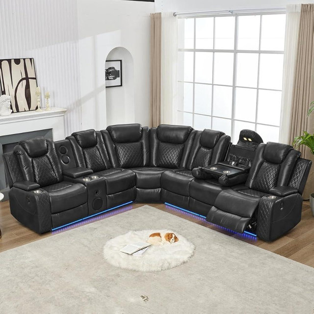 Power Recliner Sectional Sofa with Bass Speaker,Wireless Charger,Electric Reclining Sectional Sofa with 2 Faux Leather Recliner,LED Strip,Reading Light,Type-C USB Port,Cup Holder,Storage Console Gray