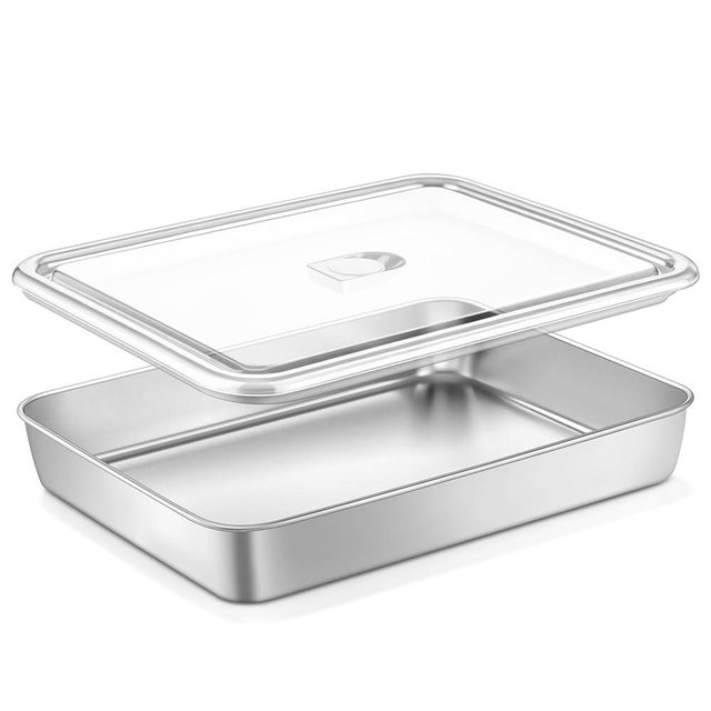 TeamFar Stainless Steel Lasagna Pan with Lid, Rectangular Baking Cake Pan with Cover, 12.4x9.8x2 Inch Metal Deep Brownie Casserole Dish Tray for Oven, Heavy Duty, Fridge & Dishwasher Safe