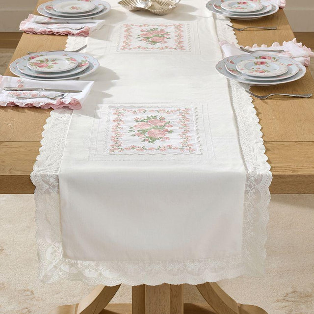 LoveShackFancy Floral Embroidered Table Runner, 18" x 108" - Pink